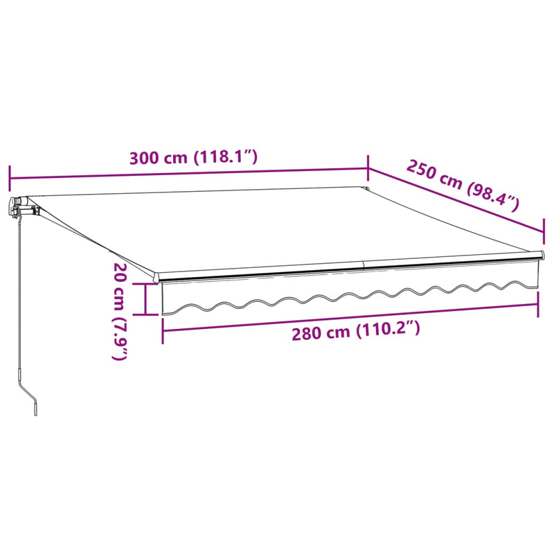 vidaXL burgundi vörös kézzel kihúzható LED-es napellenző 300 x 250 cm