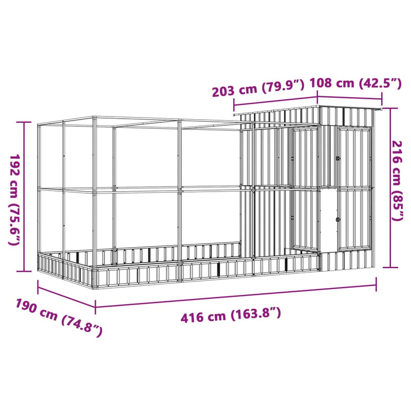 vidaXL ezüstszínű acél madárház bővítménnyel 416 x 203 x 216 cm