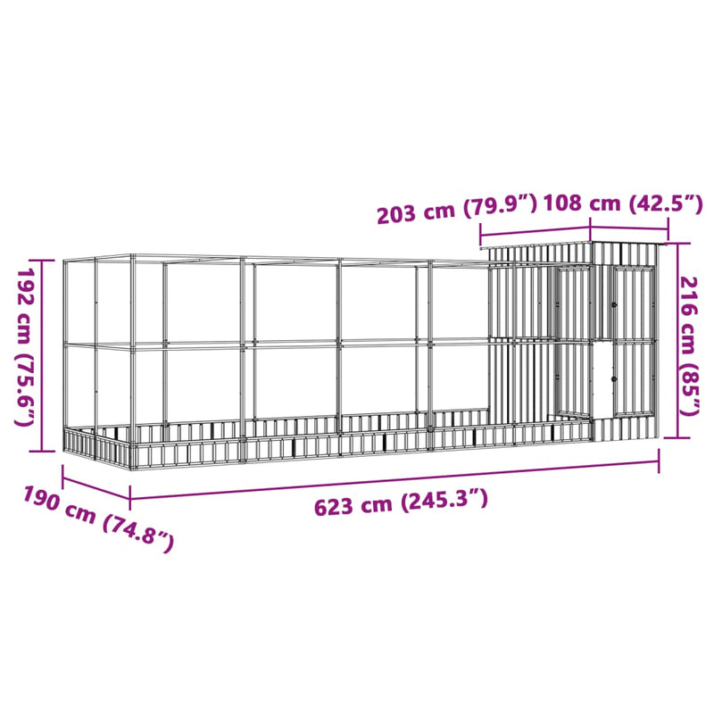 vidaXL ezüstszínű acél madárház bővítménnyel 623 x 203 x 216 cm