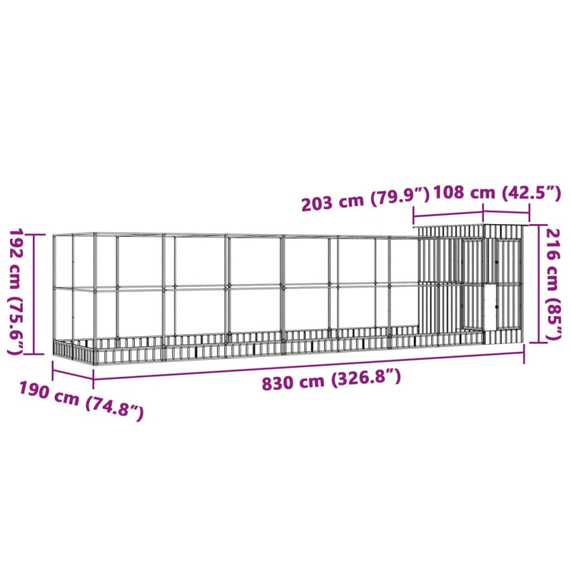 vidaXL ezüstszínű acél madárház bővítménnyel 830 x 203 x 216 cm