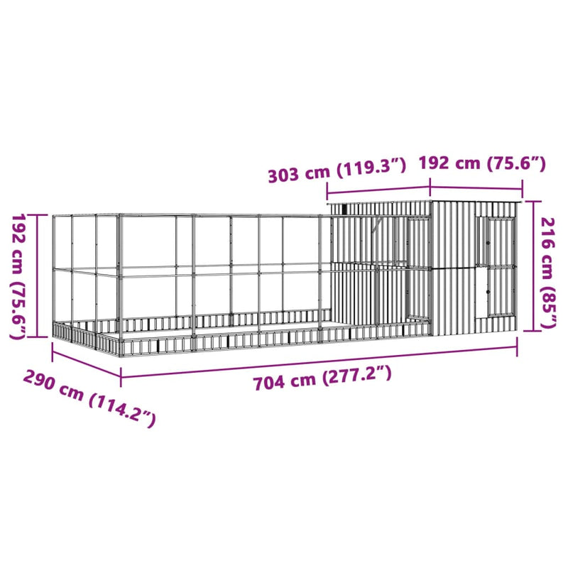 vidaXL ezüstszínű acél madárház bővítménnyel 704 x 303 x 216 cm