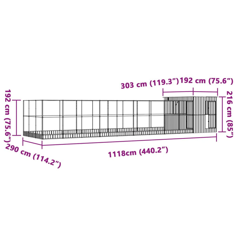 vidaXL ezüstszínű acél madárház bővítménnyel 1118 x 303 x 216 cm