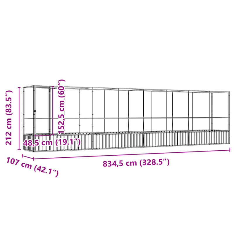 vidaXL ezüstszínű acél madárház bővítménnyel 834,5x107x212 cm