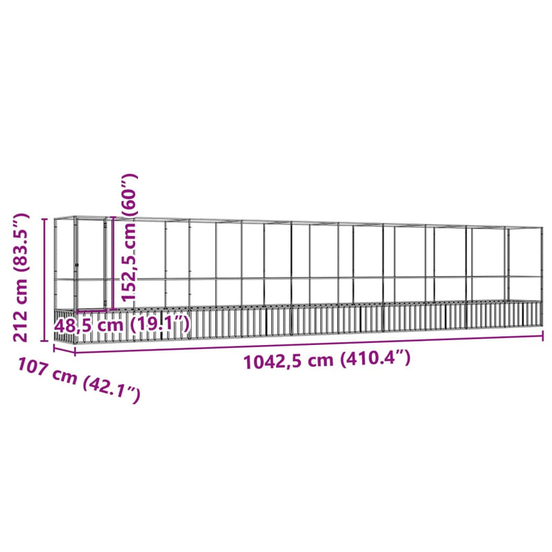 vidaXL ezüstszínű acél madárház bővítménnyel 1042,5x107x212 cm