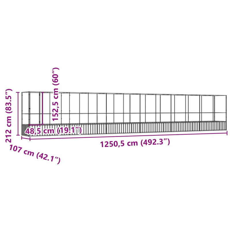 vidaXL ezüstszínű acél madárház bővítménnyel 1250,5x107x212 cm
