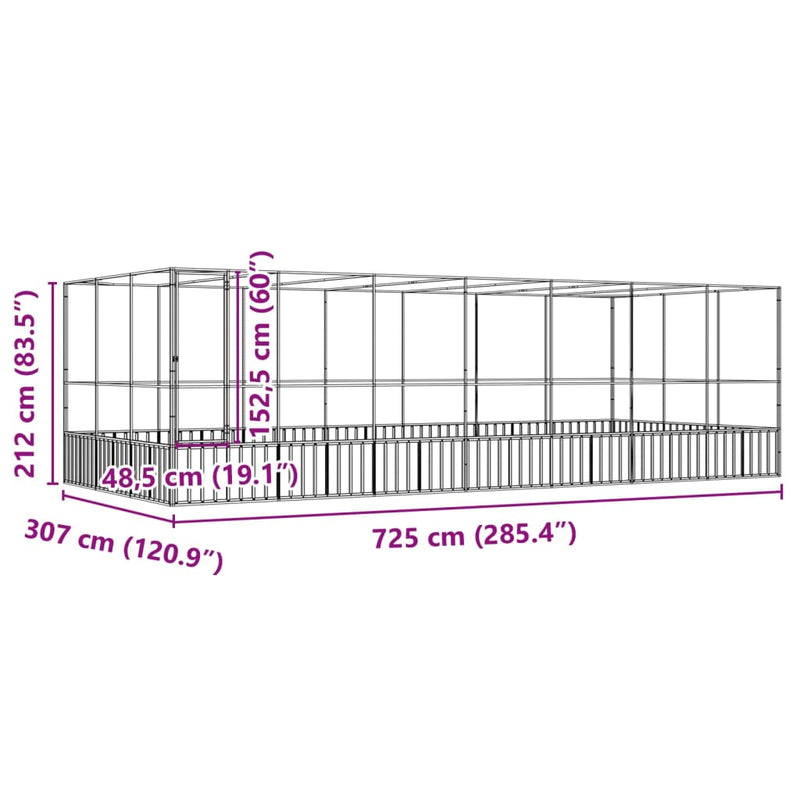 vidaXL ezüstszínű acél madárház bővítménnyel 725x307x212 cm