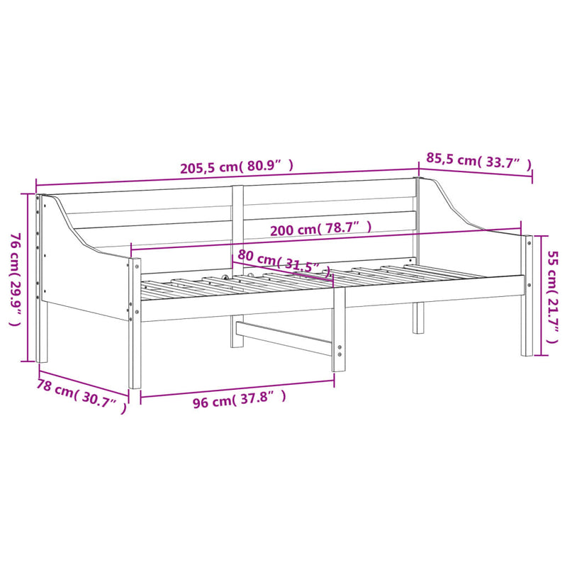 vidaXL fehér tömör fenyőfa kanapéágy matrac nélkül 80 x 200 cm