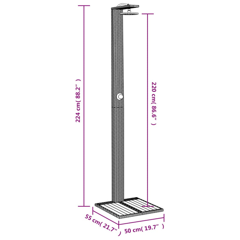 vidaXL fekete polyrattan és akácfa kültéri zuhanyzó 50 x 55 x 224 cm