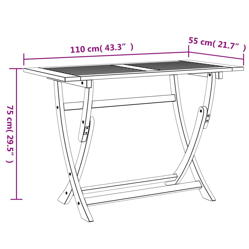 vidaXL összecsukható tömör akácfa kerti asztal 110 x 55 x 75 cm