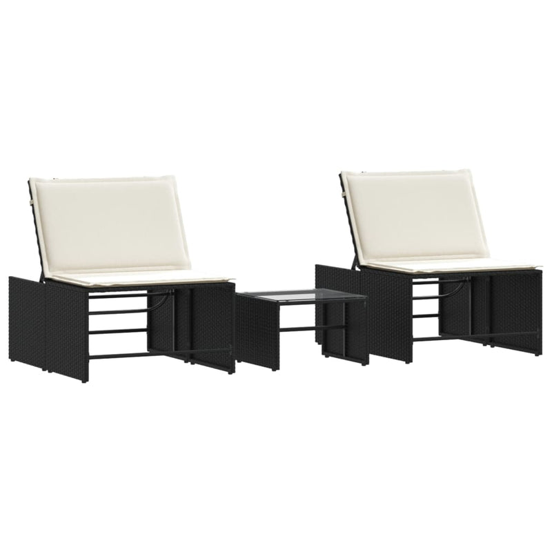 vidaXL 2 db fekete polyrattan napozóágy asztallal