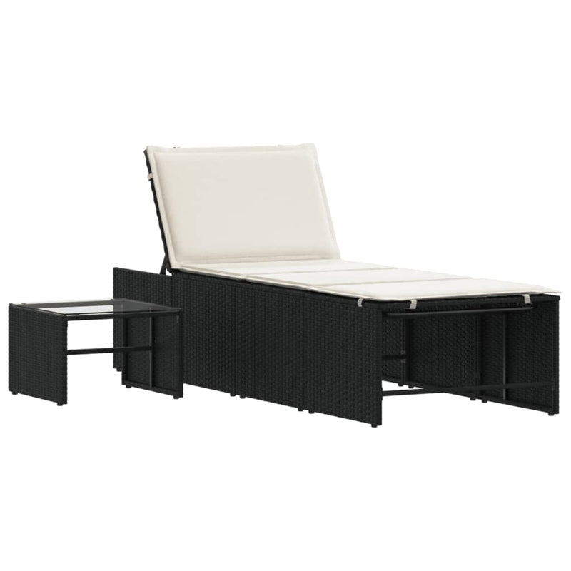 vidaXL 2 db fekete polyrattan napozóágy asztallal