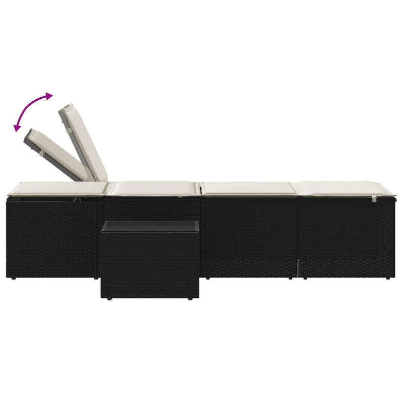 vidaXL 2 db fekete polyrattan napozóágy asztallal