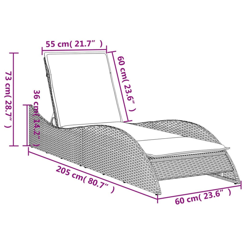 vidaXL fekete polyrattan napozóágy párnával 60x205x73 cm