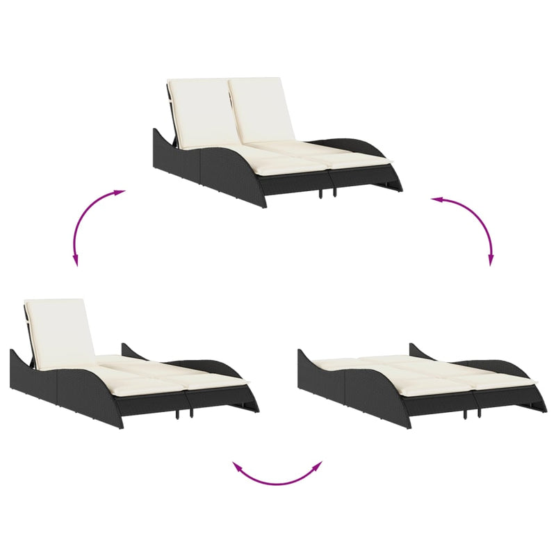 vidaXL fekete polyrattan napozóágy párnákkal 114x205x73 cm