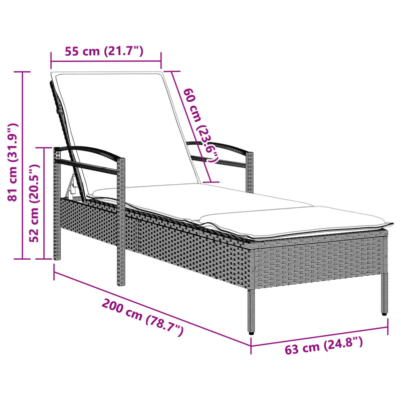 vidaXL világosszürke polyrattan napozóágy párnával 63x200x81 cm