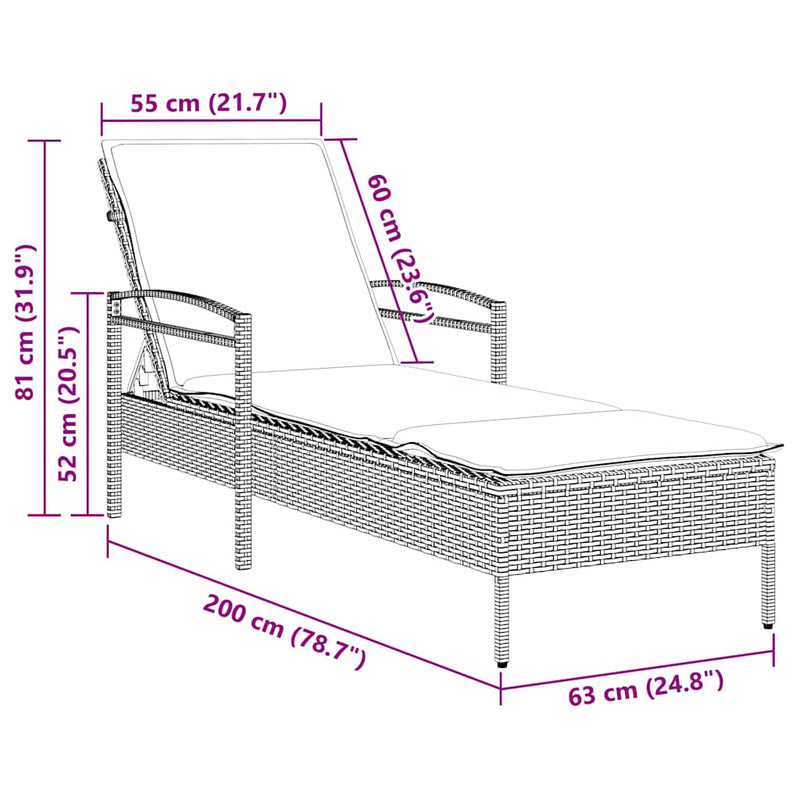 vidaXL szürke napozóágy párnával 63 x 200 x 81 cm polyrattan (csak az USA-ban)