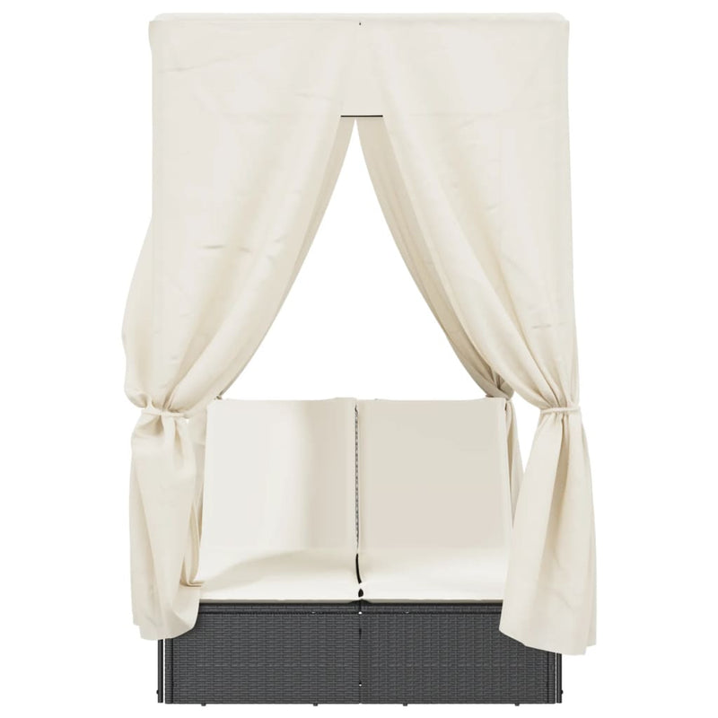 vidaXL fekete polyrattan dupla napozóágy tetővel és függönnyel