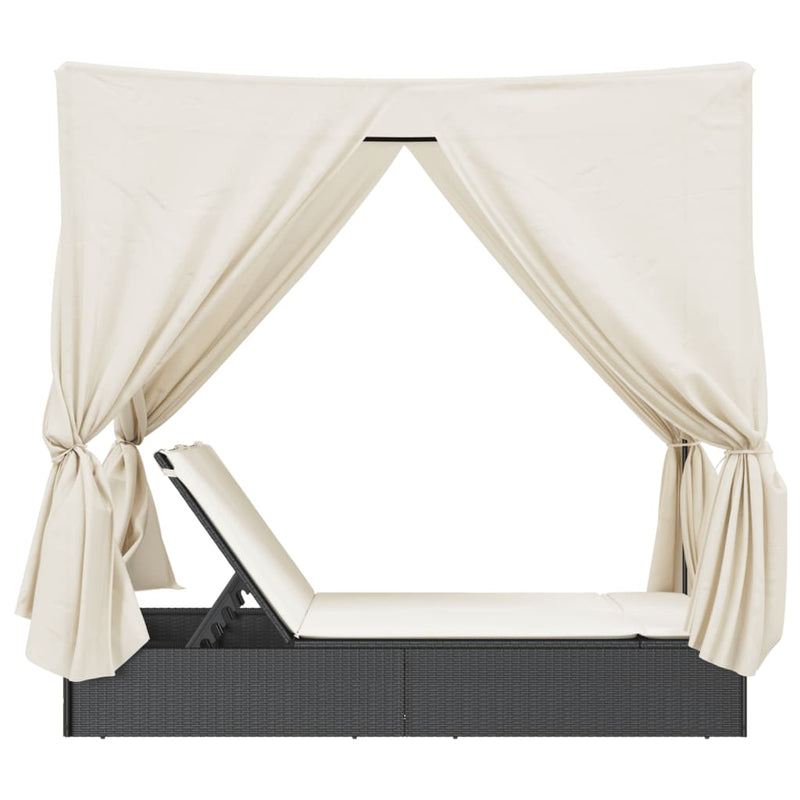 vidaXL fekete polyrattan dupla napozóágy tetővel és függönnyel