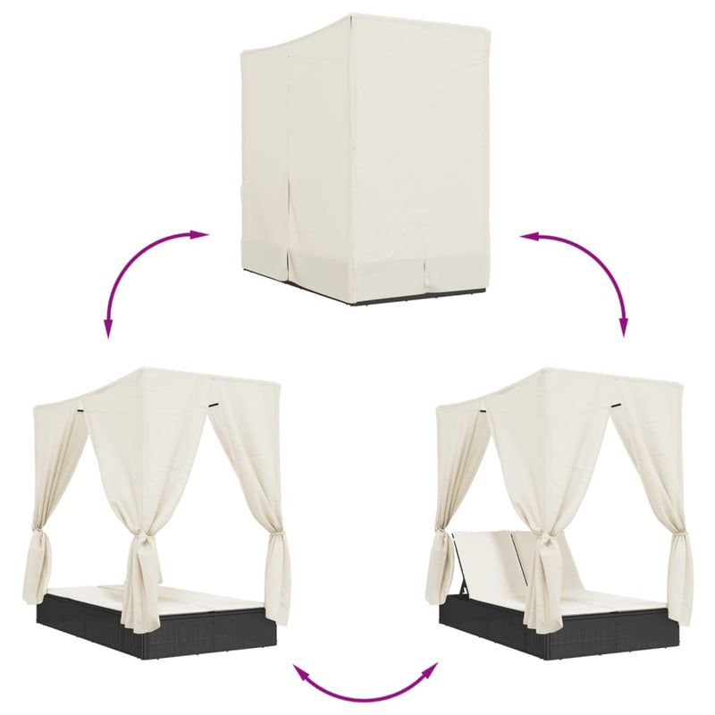 vidaXL fekete polyrattan dupla napozóágy tetővel és függönnyel