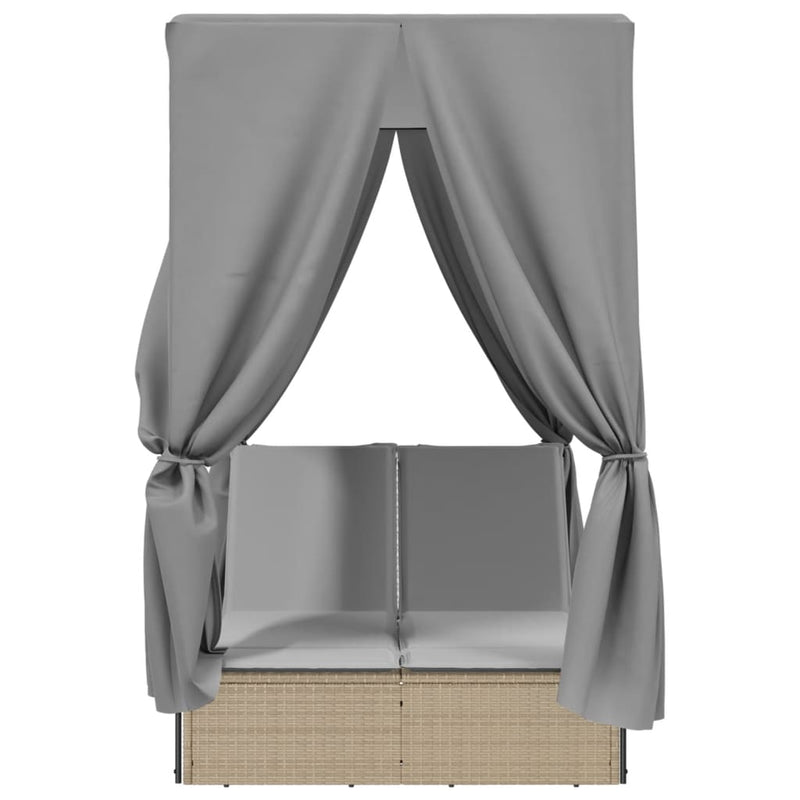 vidaXL bézs polyrattan dupla napozóágy tetővel és függönyökkel