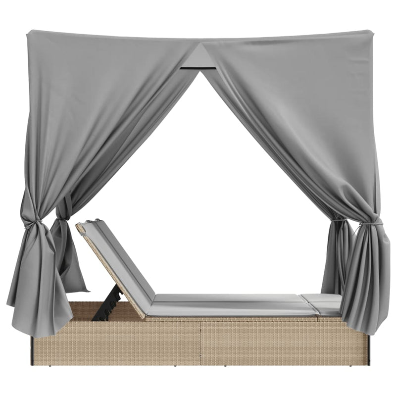 vidaXL bézs polyrattan dupla napozóágy tetővel és függönyökkel