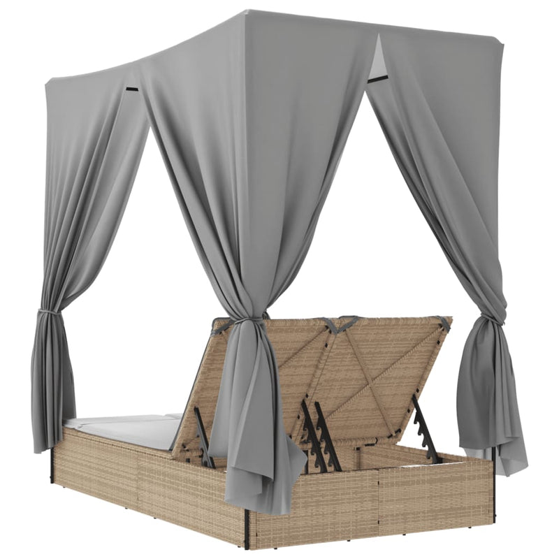 vidaXL bézs polyrattan dupla napozóágy tetővel és függönyökkel