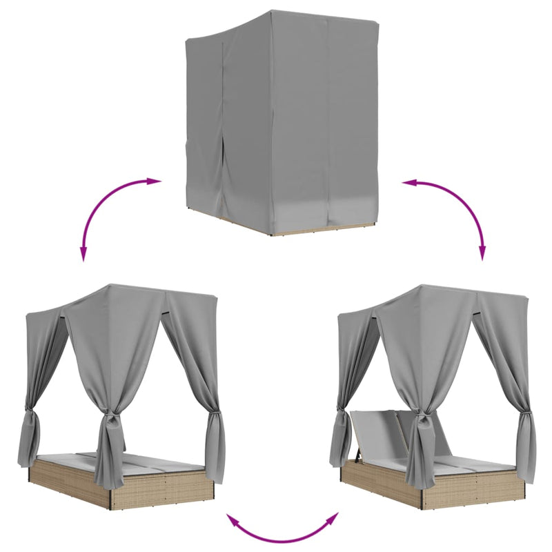 vidaXL bézs polyrattan dupla napozóágy tetővel és függönyökkel