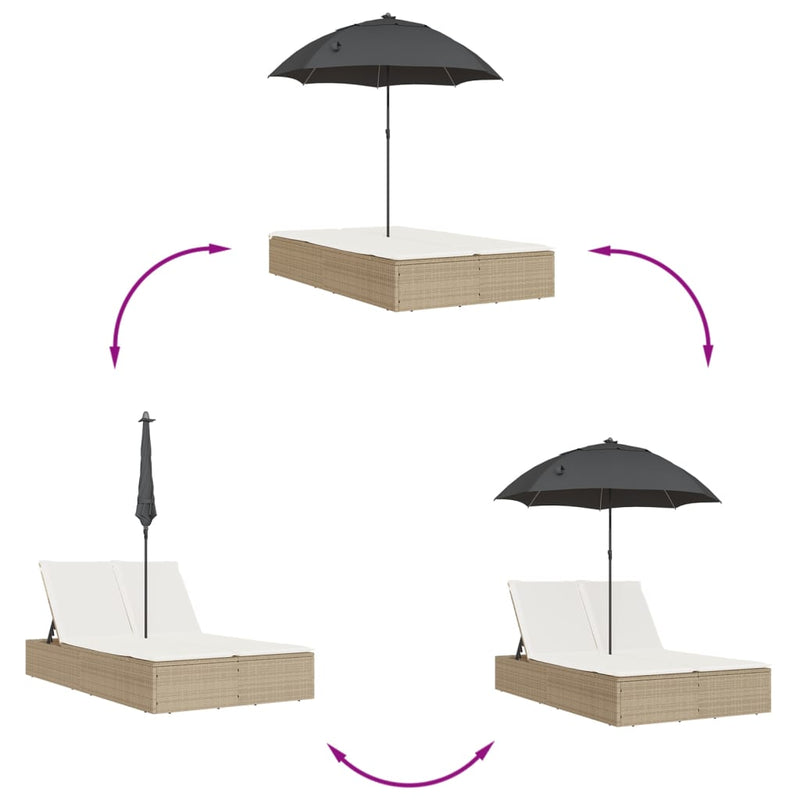 vidaXL bézs polyrattan dupla napozóágy párnákkal és napernyővel