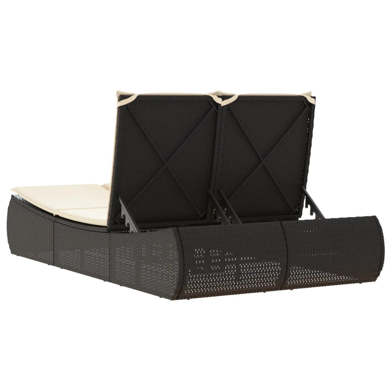 vidaXL fekete polyrattan dupla napozóágy párnával