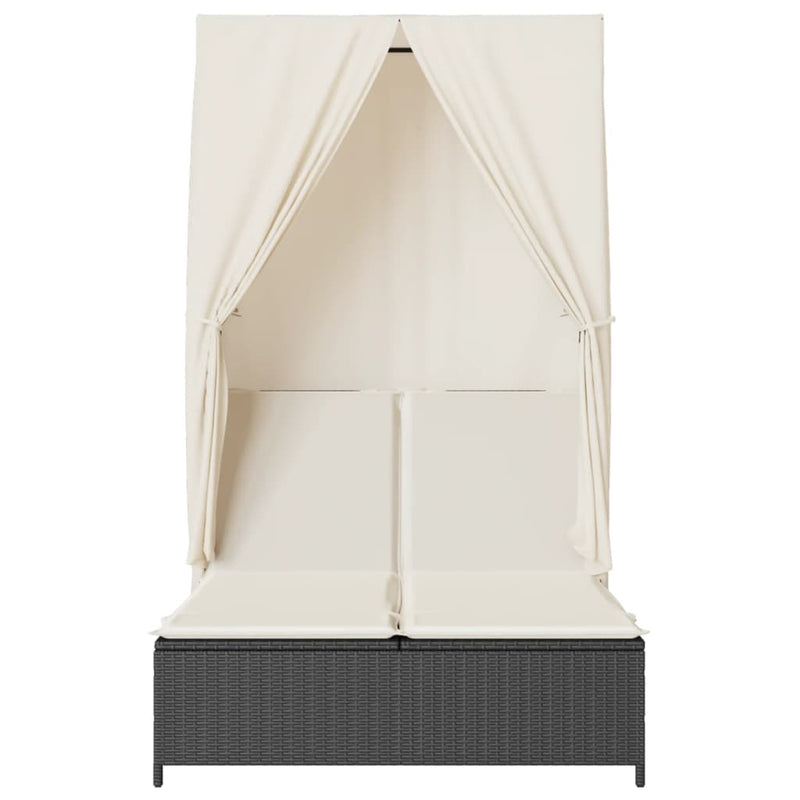 vidaXL fekete polyrattan dupla napozóágy tetővel és függönnyel