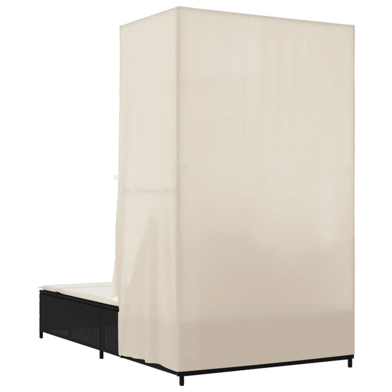 vidaXL fekete polyrattan dupla napozóágy tetővel és függönnyel