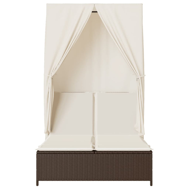 vidaXL barna polyrattan dupla napozóágy tetővel és függönyökkel