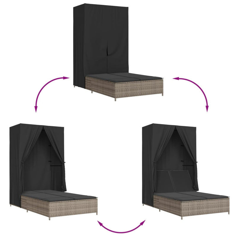 vidaXL szürke polyrattan dupla napozóágy tetővel és függönyökkel