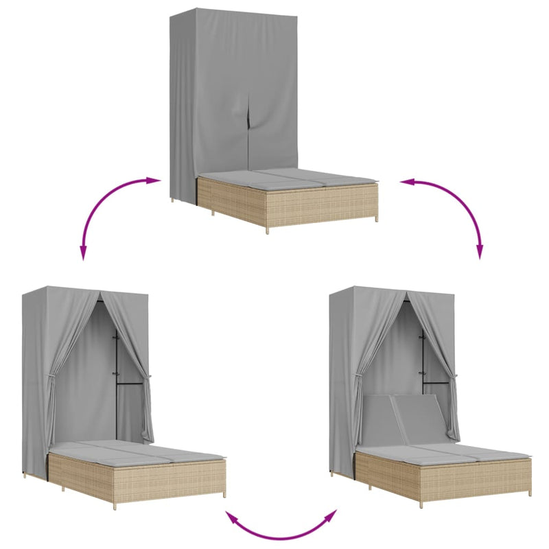 vidaXL bézs polyrattan dupla napozóágy tetővel és függönyökkel