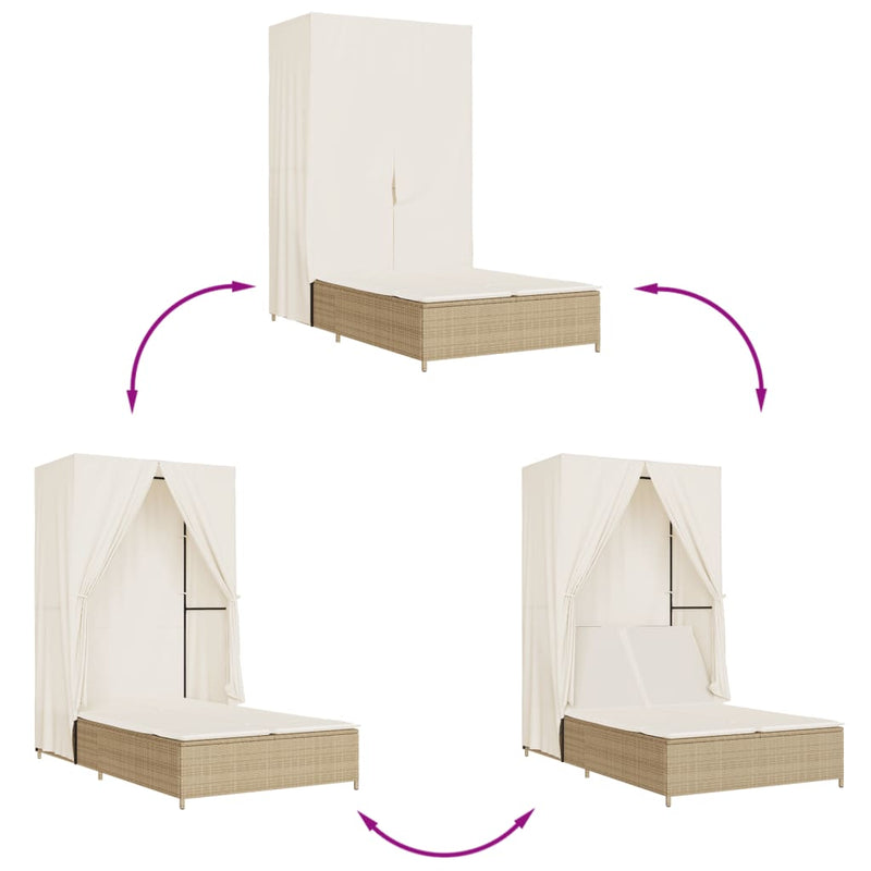 vidaXL bézs polyrattan dupla napozóágy tetővel és függönyökkel