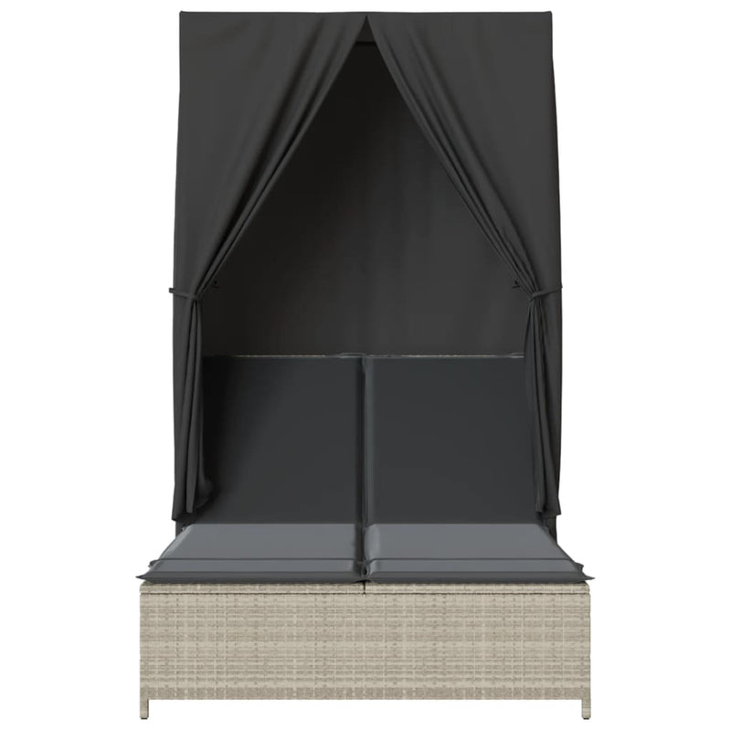 vidaXL világosszürke polyrattan dupla napozóágy tetővel és függönnyel