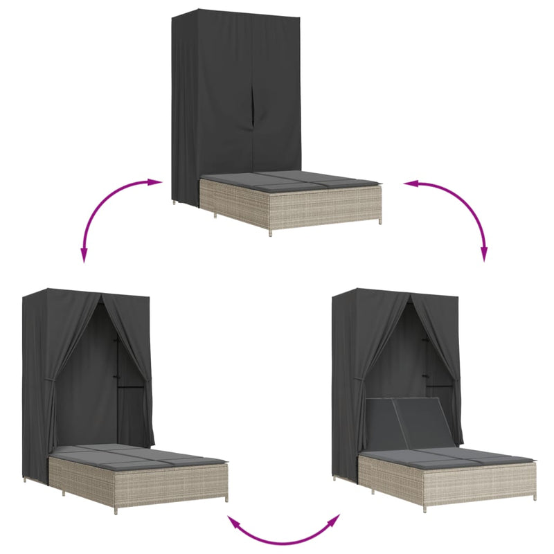 vidaXL világosszürke polyrattan dupla napozóágy tetővel és függönnyel