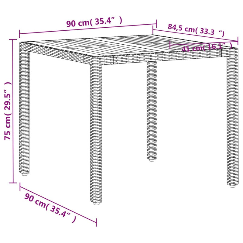 vidaXL bézs polyrattan és akácfa kerti asztal 90 x 90 x 75 cm