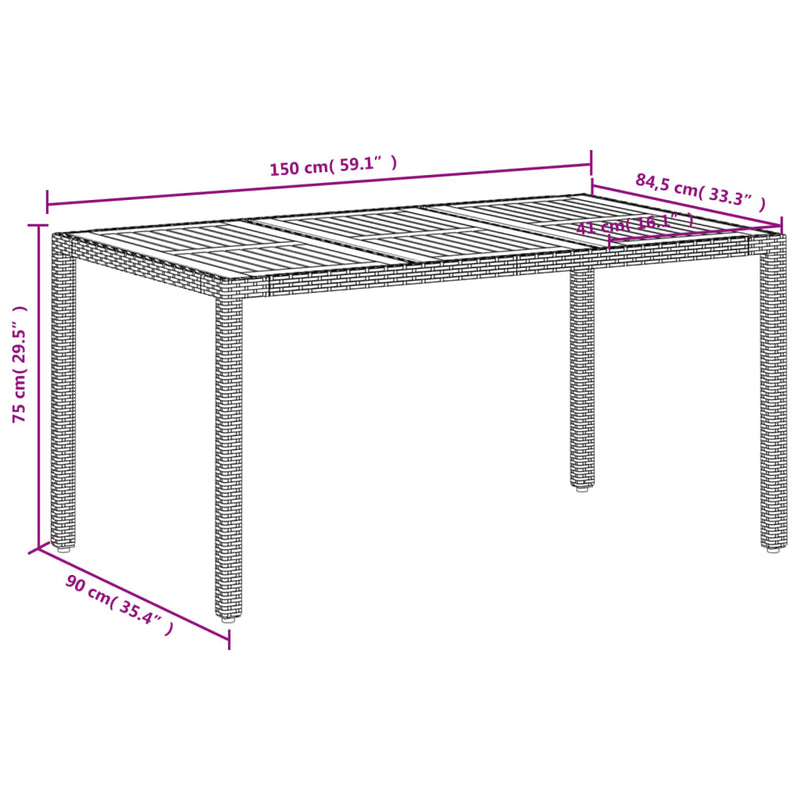 vidaXL bézs polyrattan és akácfa kerti asztal 150 x 90 x 75 cm