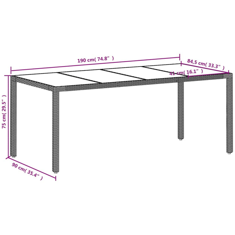 vidaXL világosszürke polyrattan üveglapos kerti asztal 190x90x75 cm