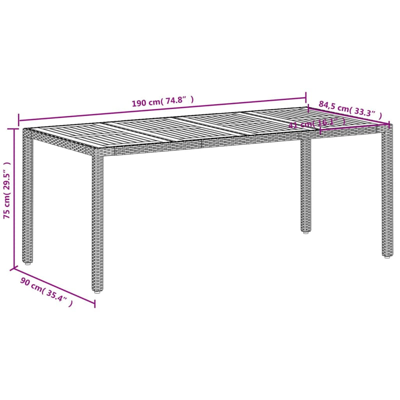 vidaXL bézs polyrattan és akácfa kerti asztal 190 x 90 x 75 cm