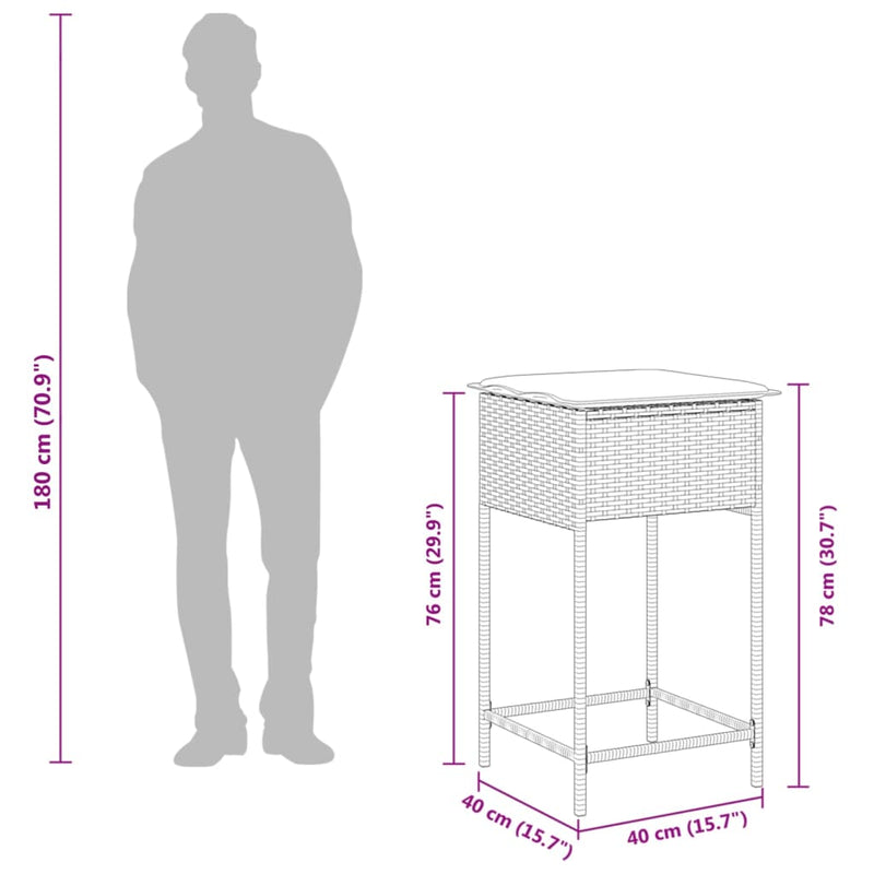 vidaXL 2 db fekete polyrattan kerti bárszék párnával