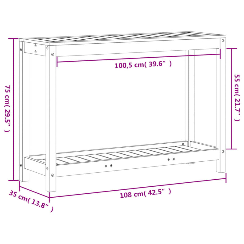 vidaXL tömör fenyőfa ültetőasztal polccal 108x35x75 cm