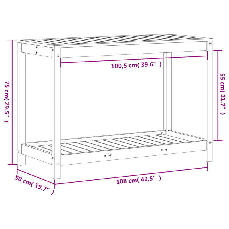 vidaXL tömör fenyőfa ültetőasztal polccal 108x50x75 cm