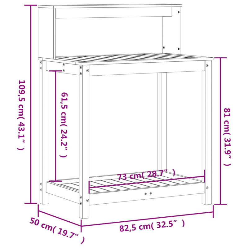 vidaXL tömör fenyőfa ültetőasztal polccal 82,5 x 50 x 109,5 cm