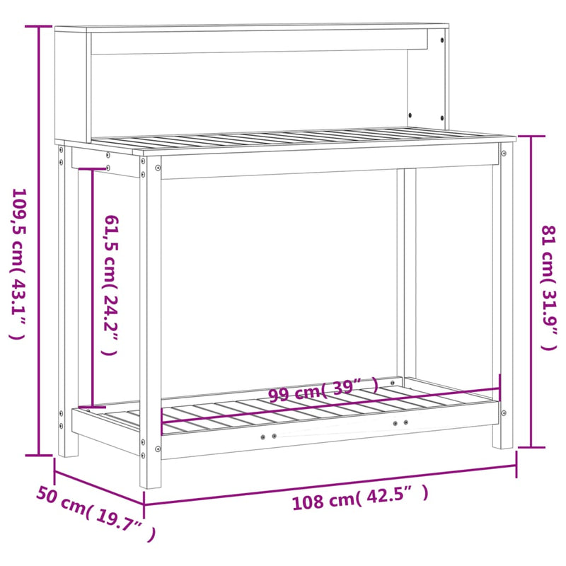 vidaXL tömör fenyőfa ültetőasztal polccal 108 x 50 x 109,5 cm