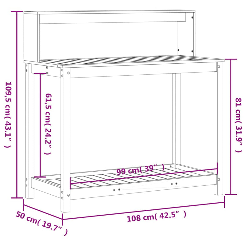 vidaXL fehér tömör fenyőfa ültetőasztal polccal 108 x 50 x 109,5 cm