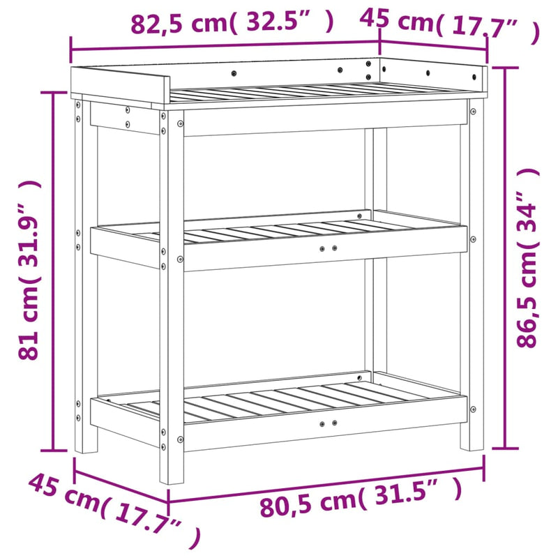 vidaXL tömör fenyőfa ültetőasztal polcokkal 82,5 x 45 x 86,5 cm