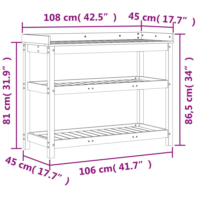 vidaXL tömör fenyőfa ültetőasztal polcokkal 108 x 45 x 86,5 cm