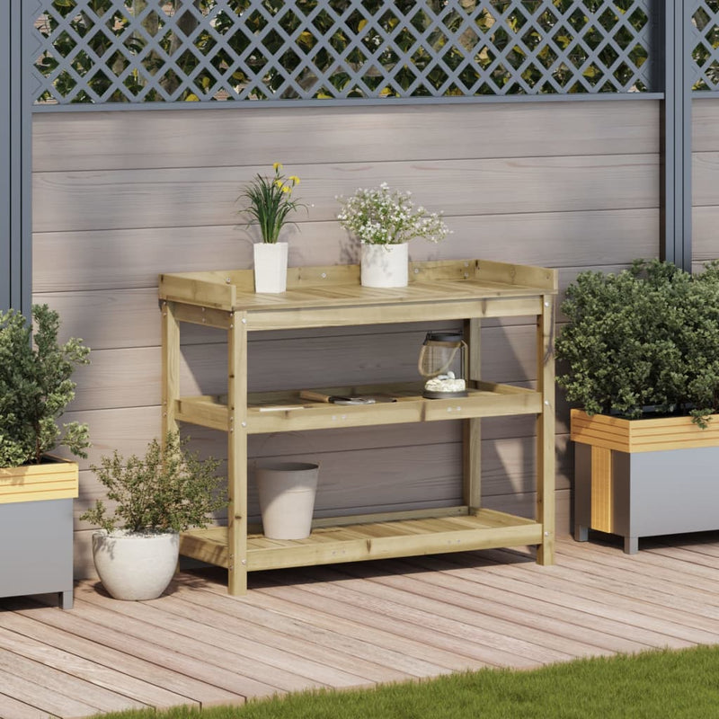 vidaXL impregnált fenyőfa ültetőasztal polcokkal 108 x 45 x 86,5 cm